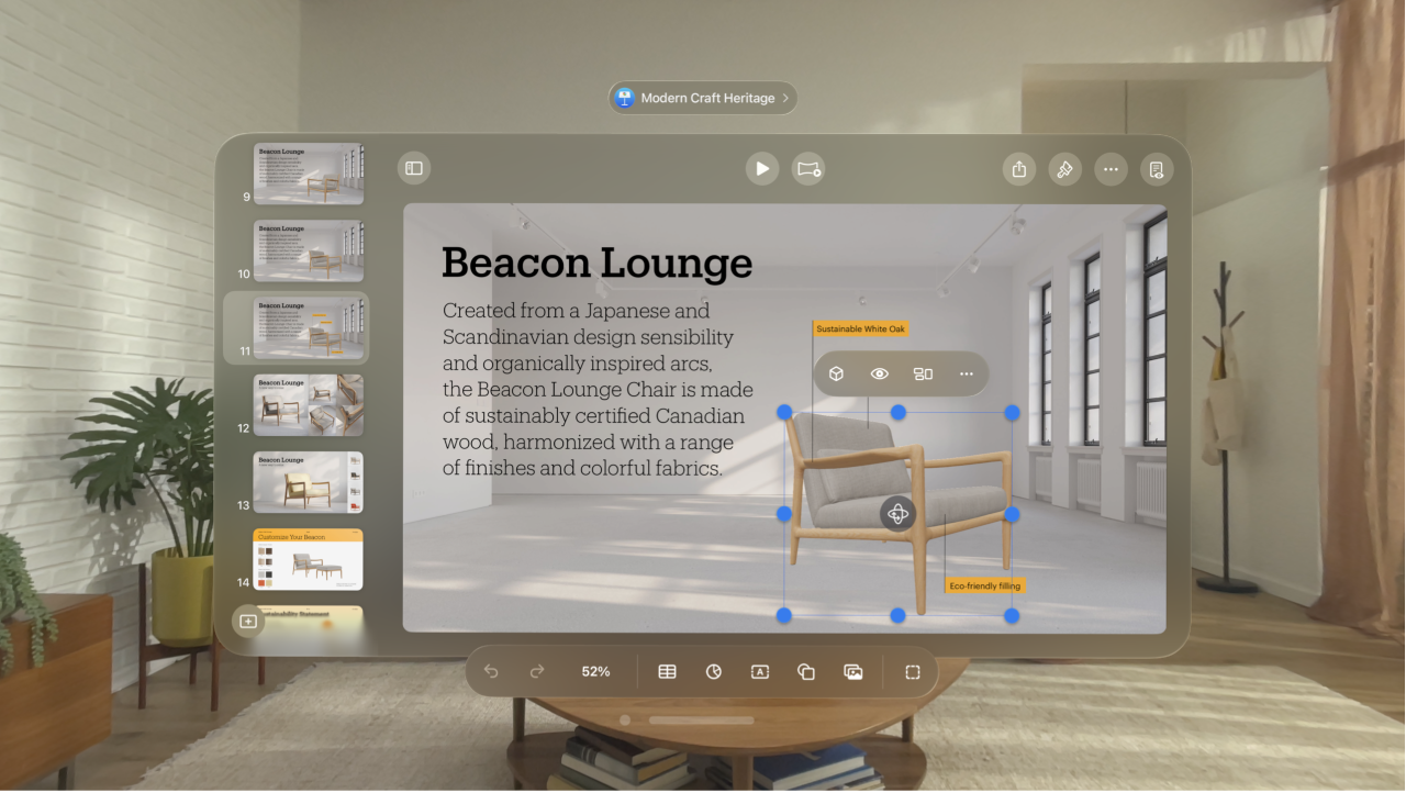 The Keynote app on Apple Vision Pro, showing a selected 3D object, with the format bar above it and the toolbar below it.