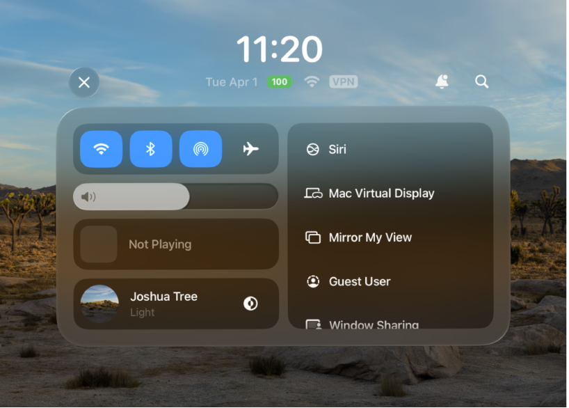 Control Center at the top of the view, with options for turning Wi-Fi and Bluetooth on or off, adjusting volume, adjusting your Environment, and more. The date, time, and battery level are visible above Control Center.
