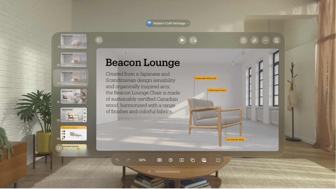 The Keynote app on Apple Vision Pro, showing an open presentation in editing view, with the toolbar visible at the bottom.