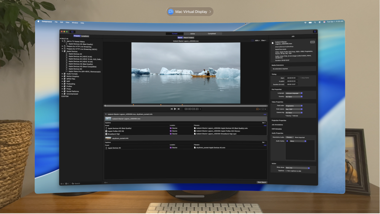 visionOS showing Mac Virtual Display with the Compressor app open.
