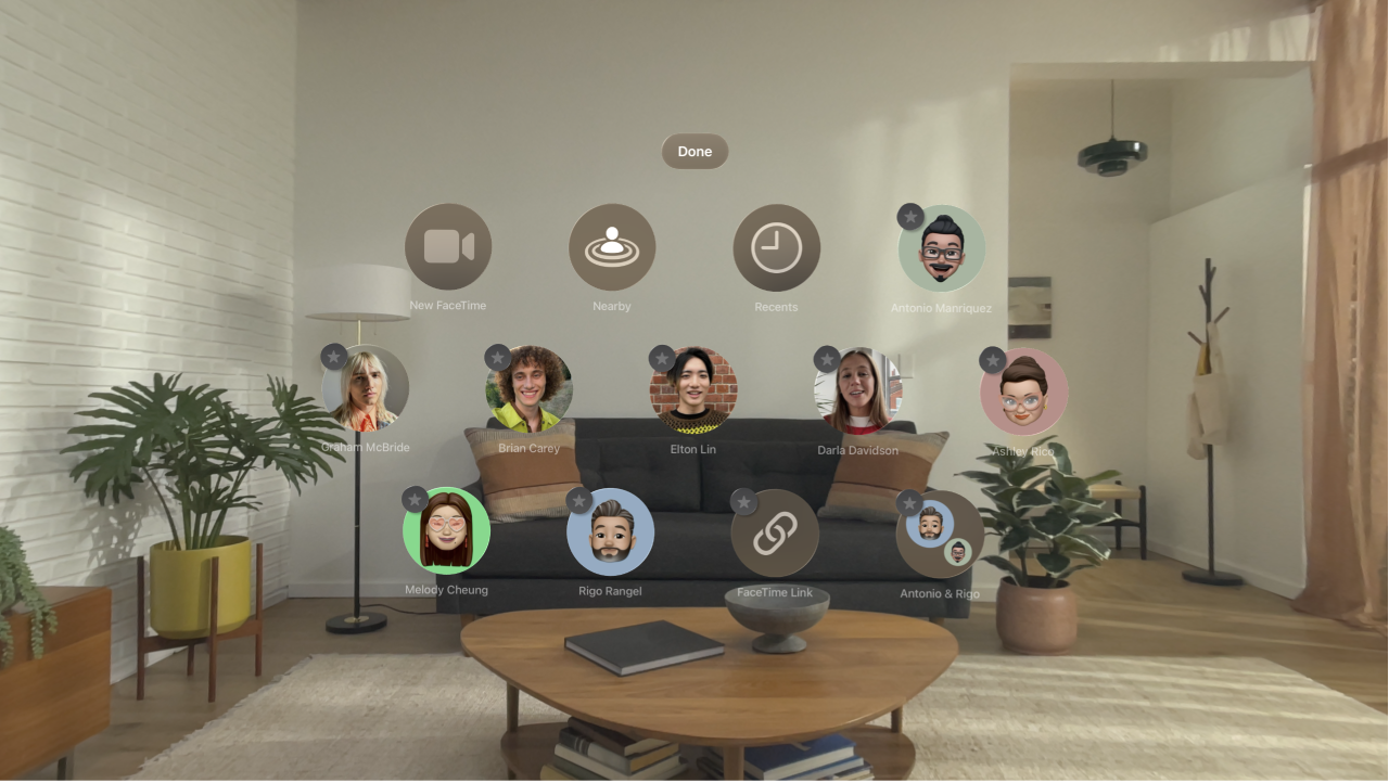 People View on Apple Vision Pro. Gray star icons are visible on the corner of each contact to show that they can be pinned to the top of People View.