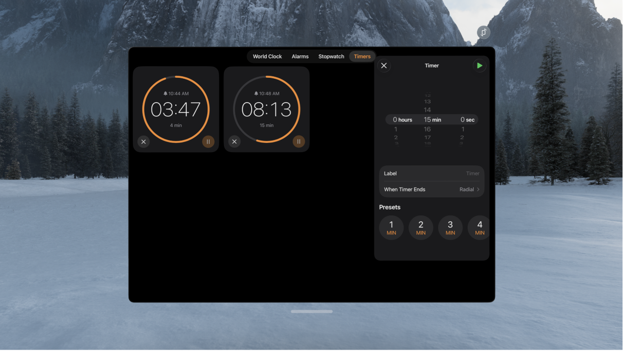 The Clock app on Apple Vision Pro, showing multiple timers running.