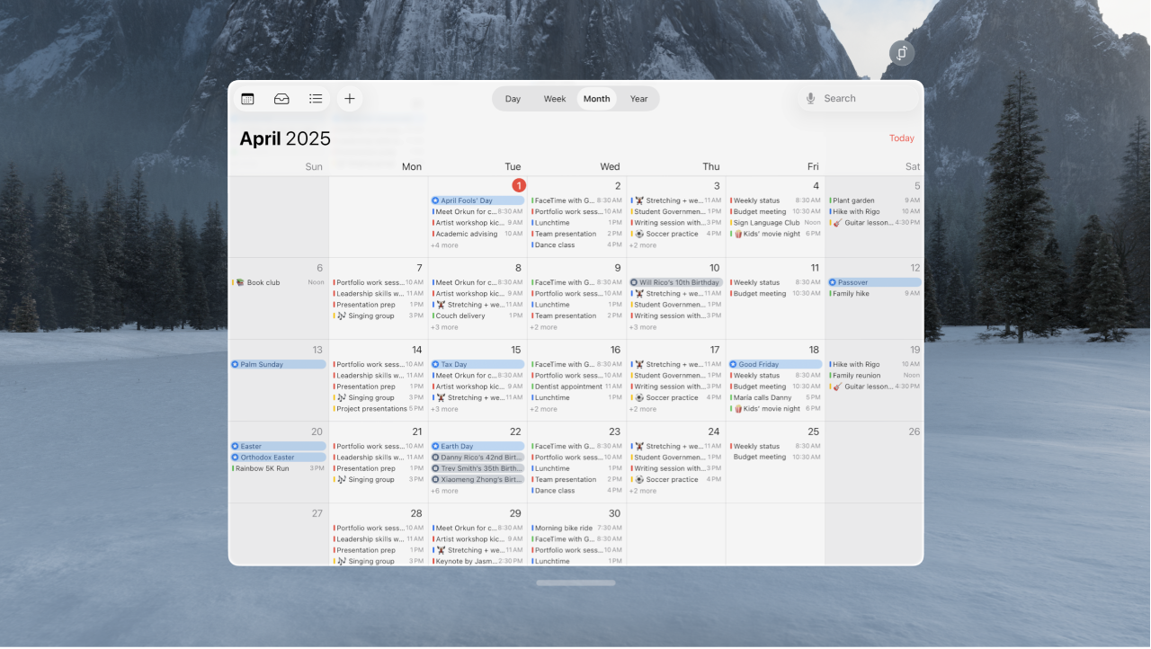 The Calendar app on Apple Vision Pro, showing a month of events.