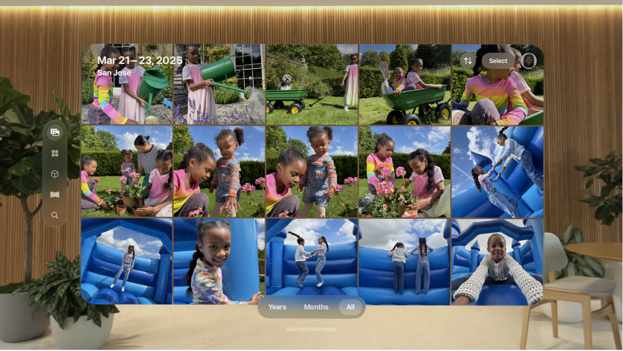 The Photos library on Apple Vision Pro, showing a grid of photos.