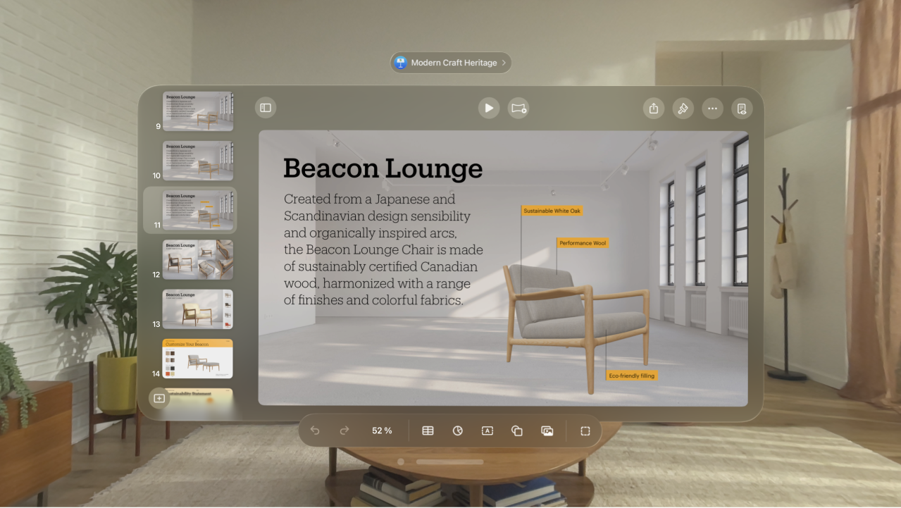 La app Keynote en el Apple Vision Pro mostrando una presentación abierta en la vista de edición, con la barra de herramientas visible en la parte inferior.