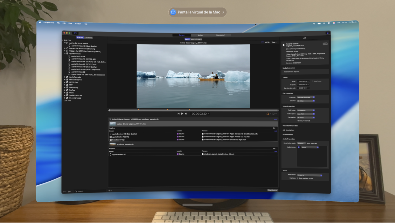 visionOS mostrando la pantalla virtual de la Mac con la app Compressor abierta.