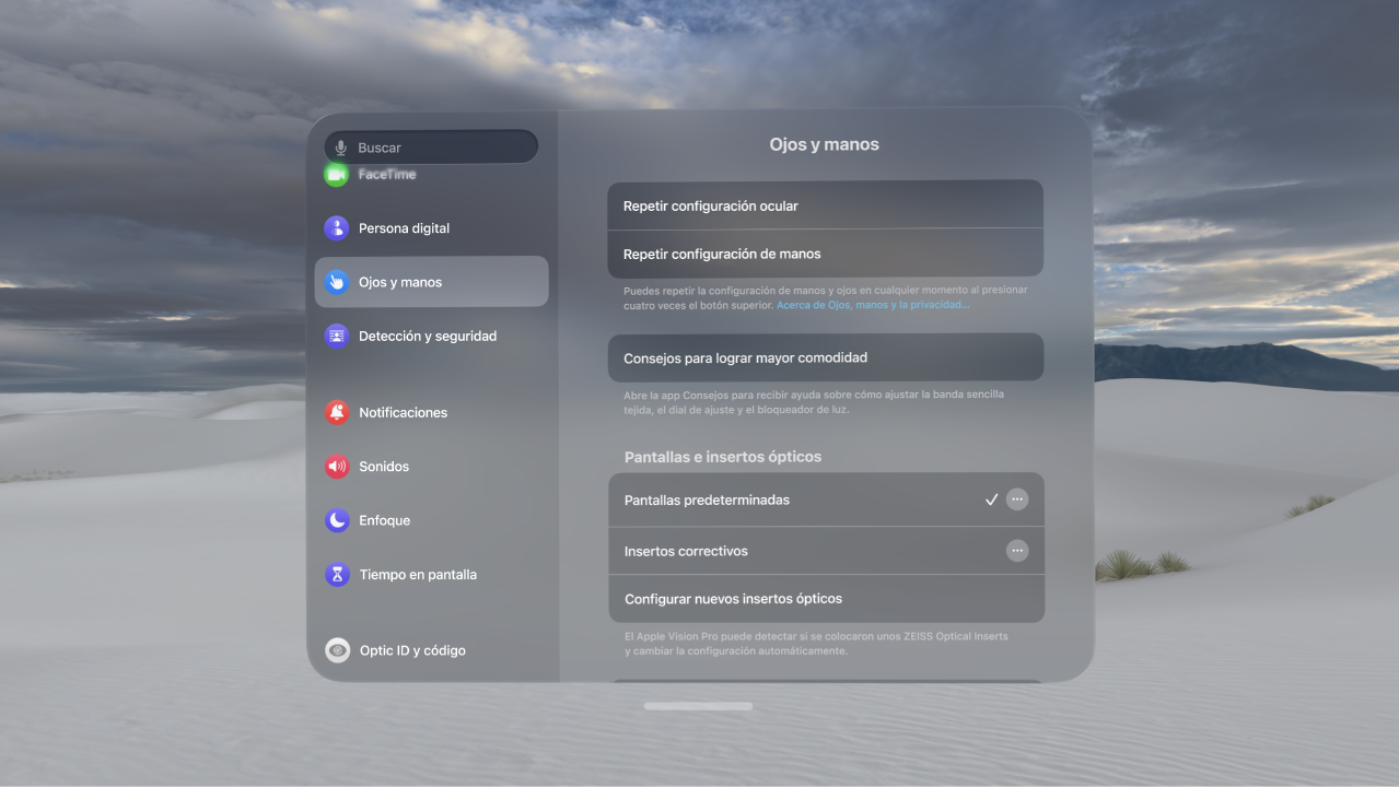 La configuración de ojos y manos con opciones para repetir la configuración, cambiar el control con manos y más.