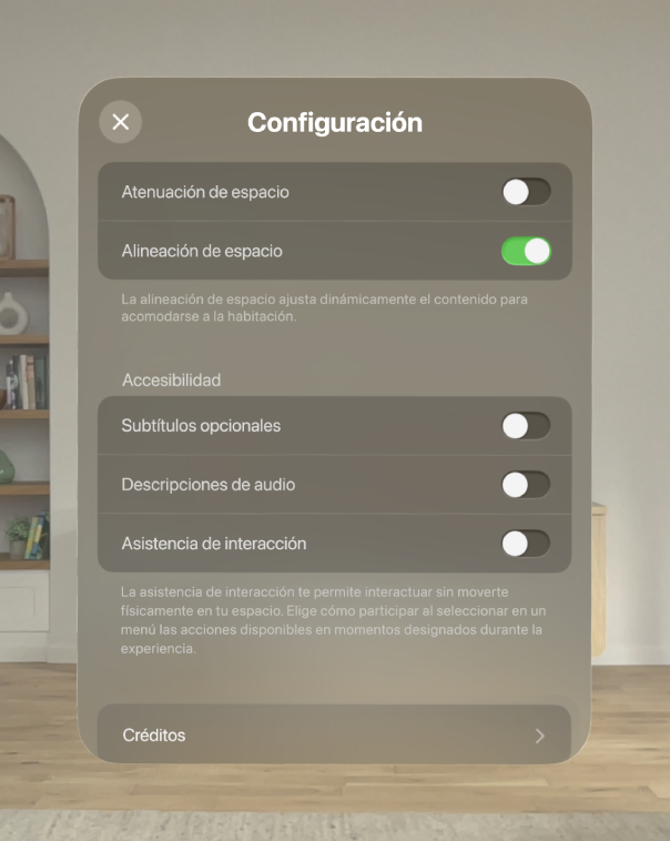 La configuración de Encuentro con dinosaurios con opciones para ajustar la atenuación de espacio y la alineación, así como para activar los subtítulos, las descripciones de audio y la asistencia de interacción.