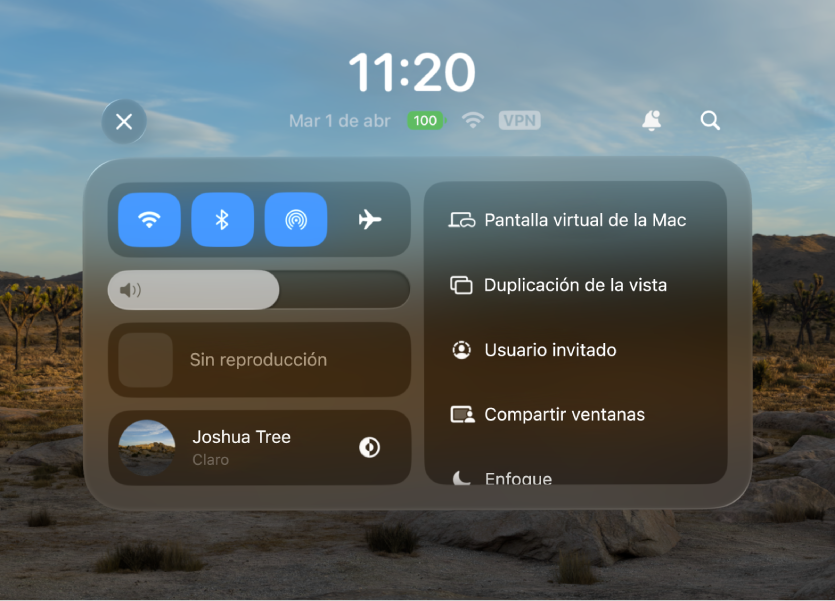 El centro de control está abierto con una lista de controles en el lado derecho, incluyendo Siri, Pantalla virtual de la Mac, Duplicar mi vista y Usuario invitado.