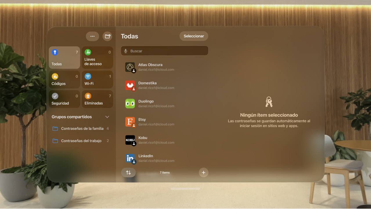 App Contraseñas del Apple Vision Pro. Las cuentas se muestran en orden alfabético.