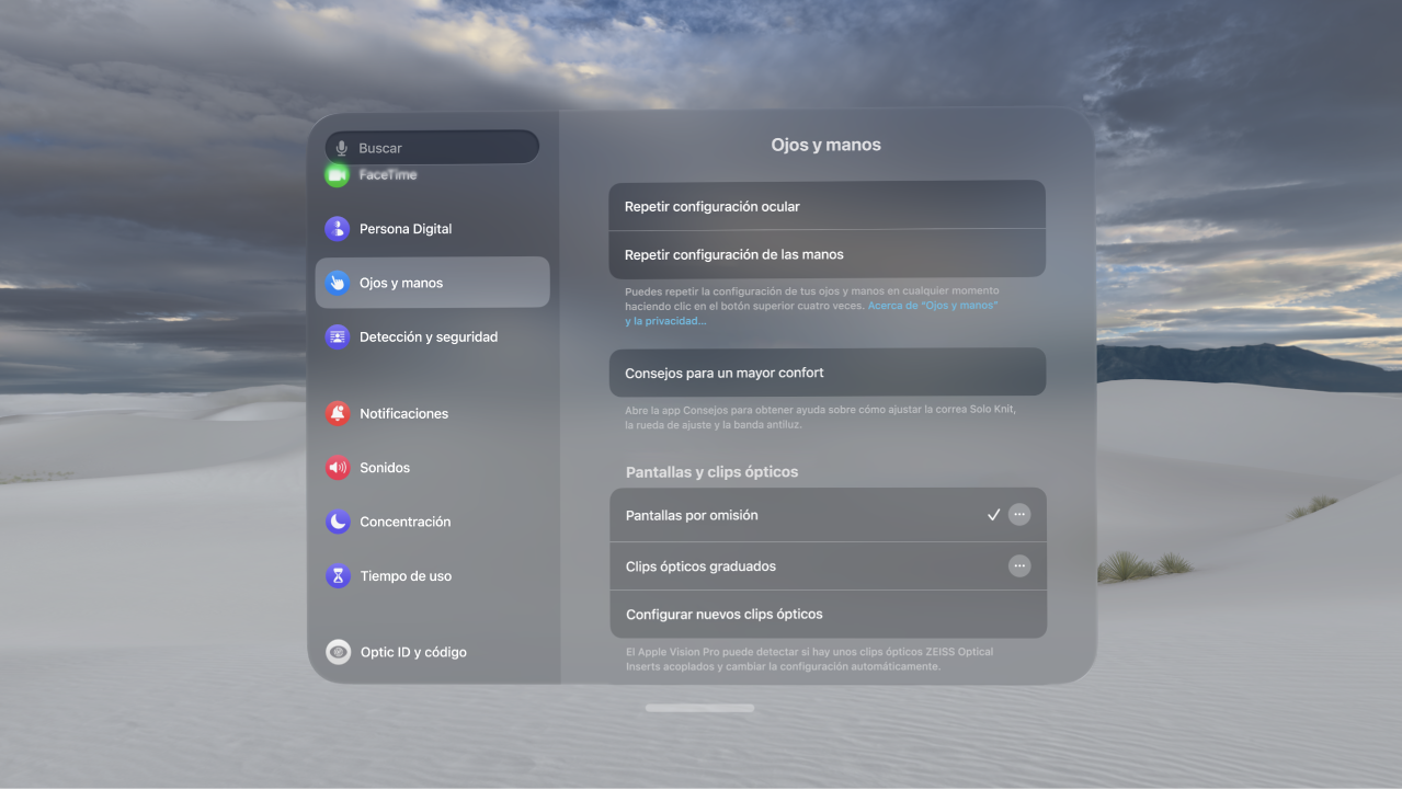 Ajustes de “Ojos y manos” con opciones para repetir la configuración ocular y de las manos, cambiar los ajustes de “Entrada de datos de las manos” y mucho más.