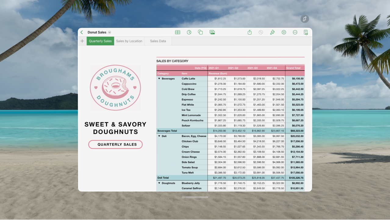 L’app Numbers sur l’Apple Vision Pro affiche une feuille de calcul ouverte surplombée par des commandes de mise en forme.