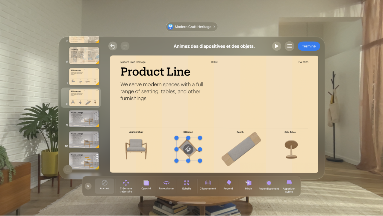 L’app Keynote sur l’Apple Vision Pro, affichant les options d’animation pour un objet sur une diapositive.