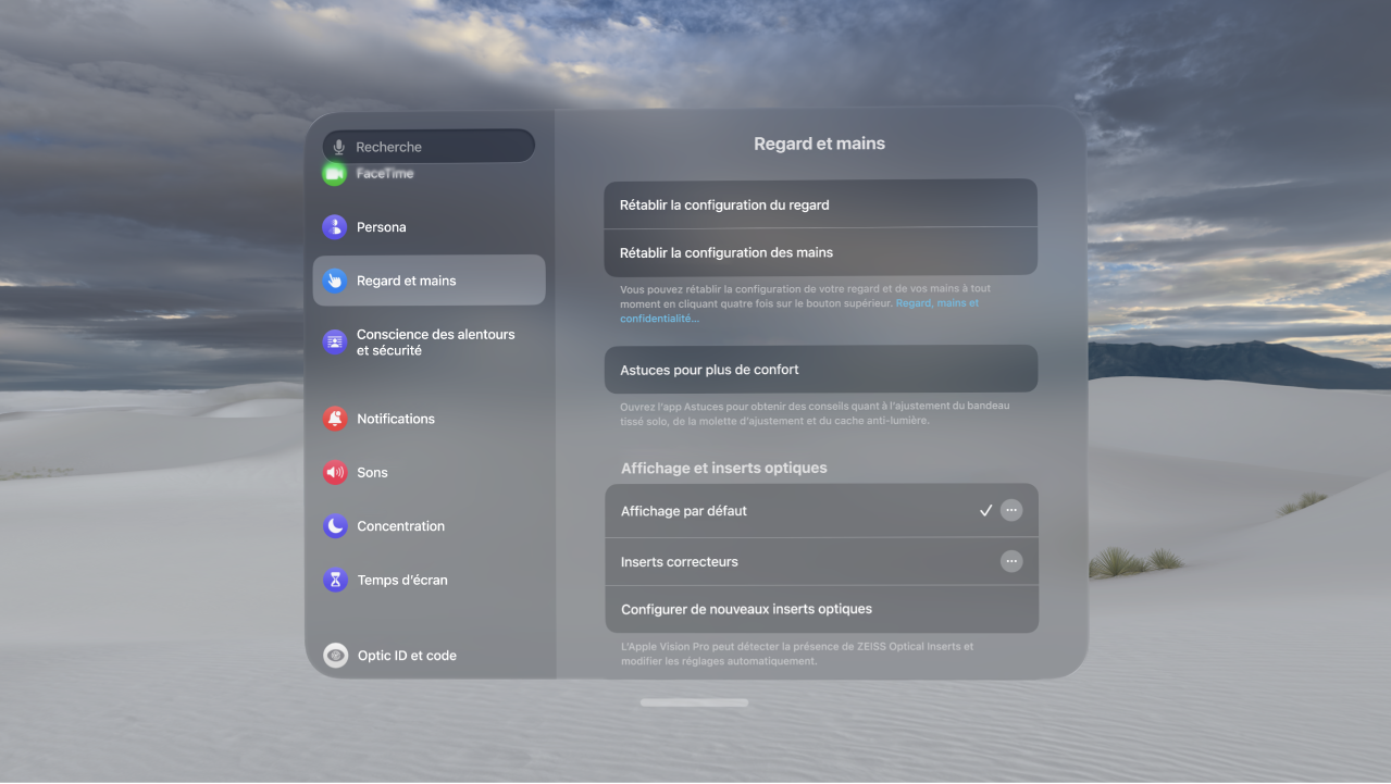 Réglages « Regard et mains », avec des options pour refaire la configuration du regard et des mains, modifier les réglages « Saisie manuelle », et plus.