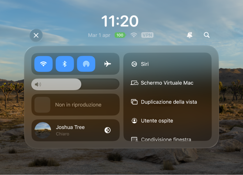 Centro di Controllo su Apple Vision Pro con il pulsante Siri visibile sulla destra.