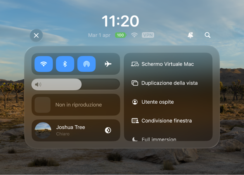 Centro di Controllo su Apple Vision Pro con un cursore del volume in alto a sinistra.