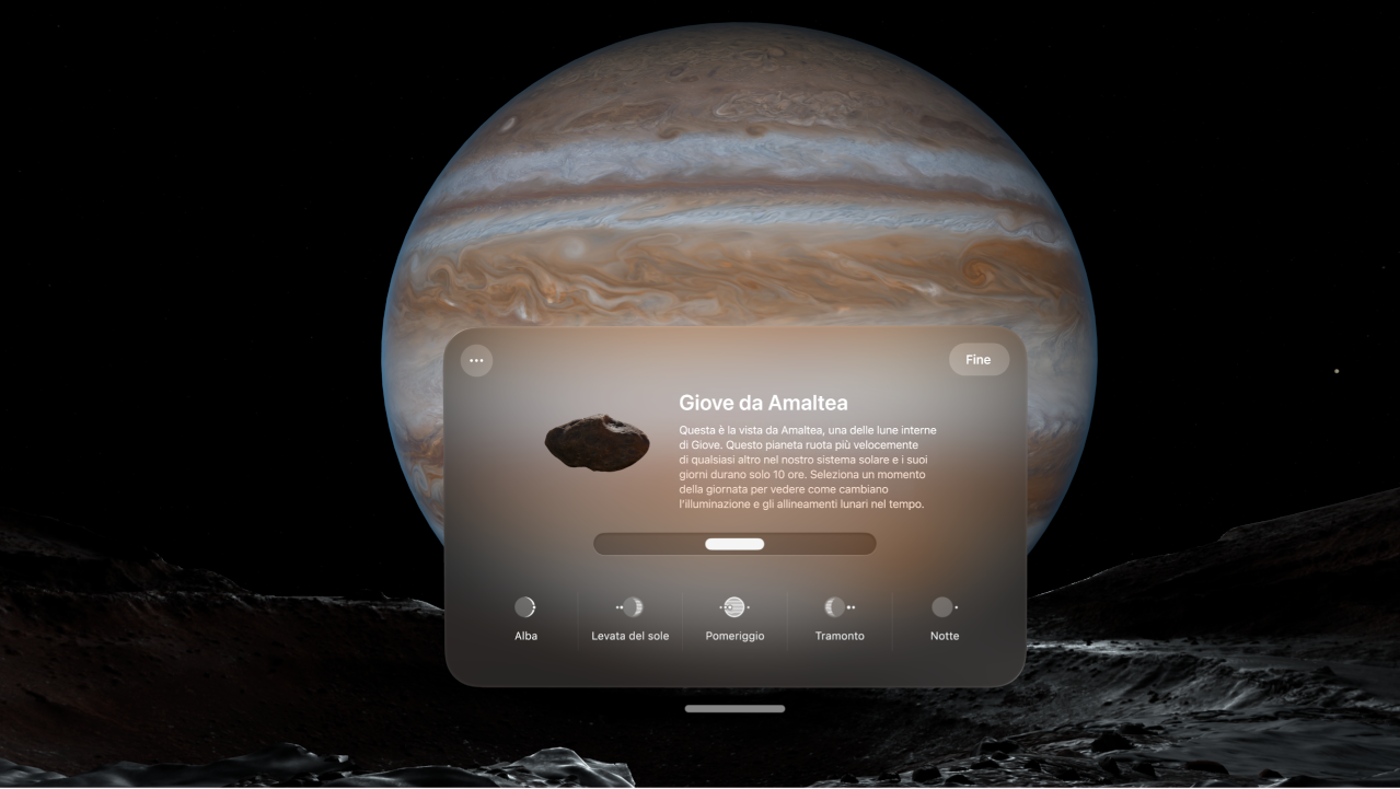 L’ambiente Giove su Apple Vision Pro, con le opzioni per modificare l’ora del giorno.