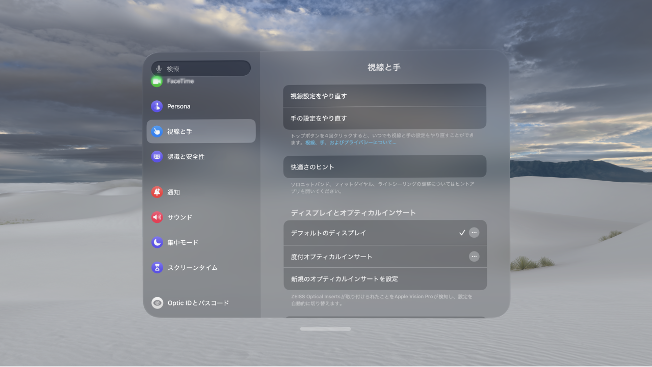 「視線と手」の設定。視線と手の設定をやり直すオプションや、「手の入力」設定を変更するオプションなどが表示されています。