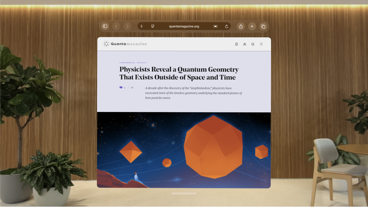 열린 웹사이트가 표시된 Apple Vision Pro의 Safari 앱.