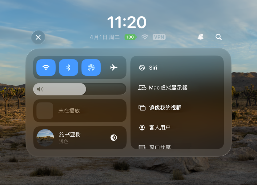 Apple Vision Pro 上的控制中心，右侧显示 Siri 按钮。