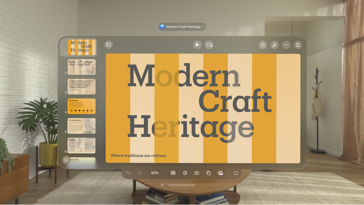 Apple Vision Pro 上的 Keynote App 在編輯顯示方式中顯示簡報，右上角有「閱讀顯示方式」按鈕。