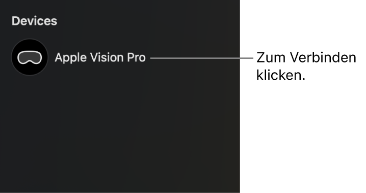 Die Seitenleiste im Apple Immersive Video-Dienstprogramm auf dem Mac zeigt eine getrennte Apple Vision Pro an. Es kann auf den Gerätenamen geklickt werden, um eine Verbindung zum Mac herzustellen.