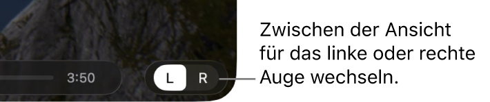 Steuerelemente im Apple Immersive Video-Dienstprogramm auf dem Mac, um zwischen der Ansicht des linken und des rechten Auges zu wechseln.