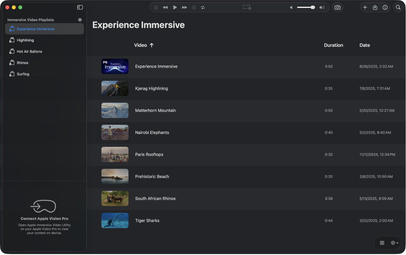 Das Fenster des Apple Immersive Video-Dienstprogramms mit der Playlist-Ansicht, in der Dateien in einer Liste angezeigt werden.