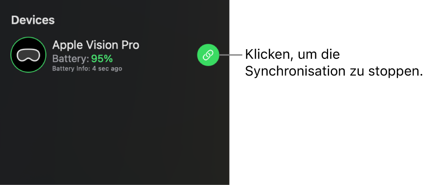 Die Seitenleiste im Apple Immersive Video-Dienstprogramm auf dem Mac zeigt eine verbundene Apple Vision Pro an. Die synchronisierte Wiedergabe ist aktiviert, aber es kann rechts auf die Taste „Synchronisieren“ geklickt werden, um die Wiedergabe auf dem Mac zu stoppen.