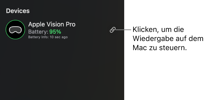 Die Seitenleiste im Apple Immersive Video-Dienstprogramm auf dem Mac zeigt eine verbundene Apple Vision Pro an. Rechts kann auf die Taste „Synchronisieren“ geklickt werden, um auf dem Mac die Wiedergabe auf der Apple Vision Pro zu steuern.