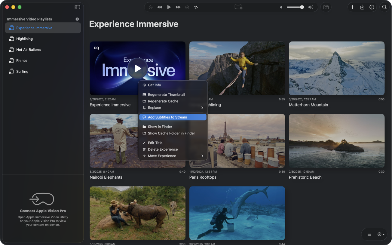 The menu that appears in Apple Immersive Video Utility when you Control-click a file. Add Subtitles to Stream is selected.