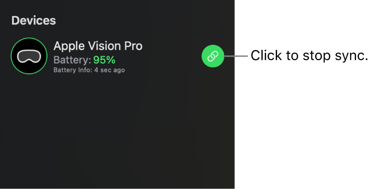 The sidebar in Apple Immersive Video Utility on Mac, showing a connected Apple Vision Pro. Synchronized playback is on, but the Sync button on the right is can be clicked to stop playback from Mac.