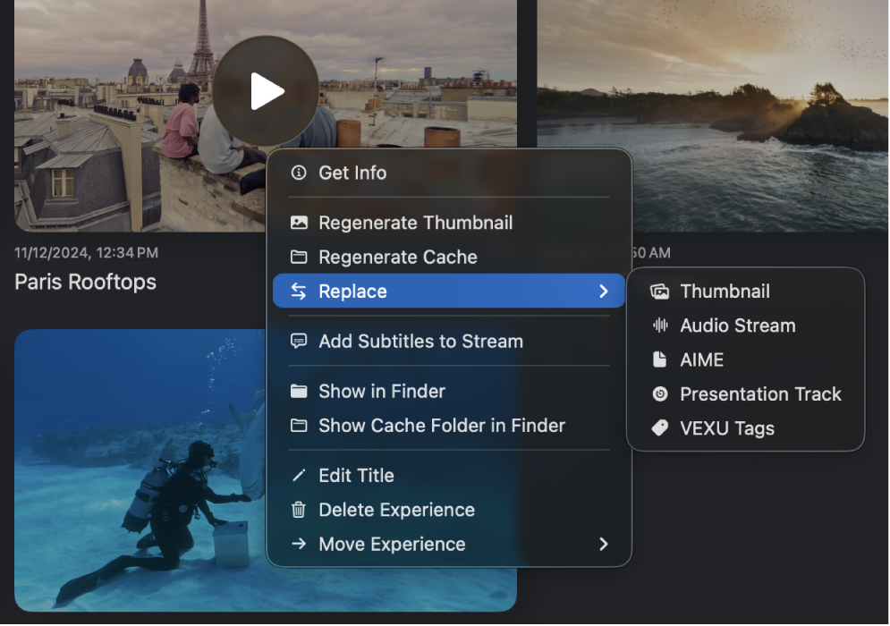 Menú que aparece en la app Utilidad Apple Immersive Video al hacer clic con la tecla Control pulsada en un archivo. Se ha seleccionado Reemplazar y se muestra una lista de contenido integrado.