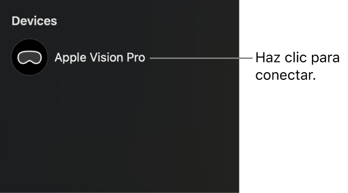 Barra lateral de la app Utilidad Apple Immersive Video del Mac con un Apple Vision Pro desconectado. Se puede hacer clic en el nombre del dispositivo para conectarlo al Mac.