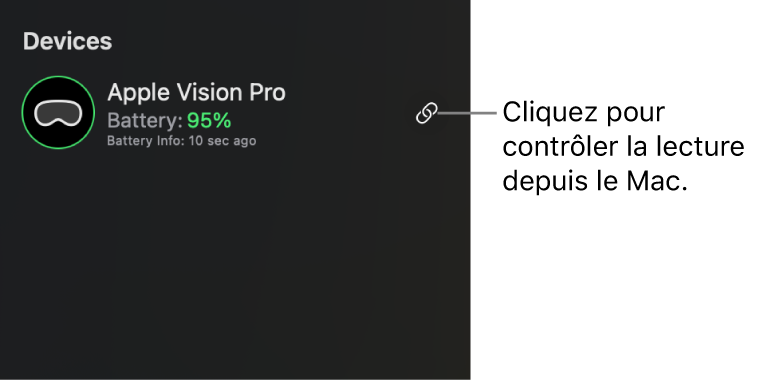 La barre latérale d’Utilitaire Apple Immersive Video sur Mac affichant un Apple Vision Pro connecté. Il est possible de cliquer sur le bouton Synchroniser situé à droite pour contrôler la lecture sur l’Apple Vision Pro depuis le Mac.