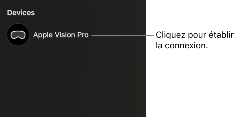 La barre latérale d’Utilitaire Apple Immersive Video sur Mac affichant un Apple Vision Pro déconnecté. Il est possible de cliquer sur le nom de l’appareil pour le connecter au Mac.