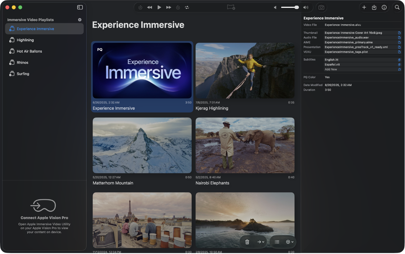 La fenêtre Utilitaire Apple Immersive Video affichant la liste des métadonnées d’un fichier à droite de la vue de playlist.