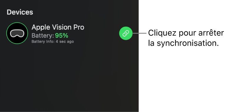 La barre latérale d’Utilitaire Apple Immersive Video sur Mac affichant un Apple Vision Pro connecté. La lecture synchronisée est activée, mais il est possible de cliquer sur le bouton Synchroniser situé à droite pour arrêter la lecture depuis le Mac.