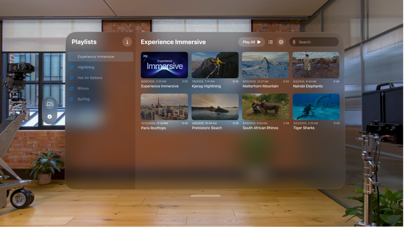 플레이리스트 보기가 표시된 Apple Vision Pro의 Apple Immersive Video 유틸리티 윈도우.