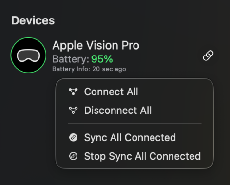 Apple Vision Pro에 대한 연결 및 동기화 옵션이 표시된 Mac의 Apple Immersive Video 유틸리티에 있는 사이드바 메뉴.