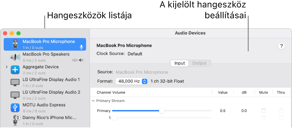 Az Audioeszközök ablak.