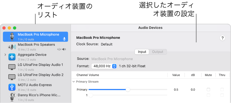 「オーディオ装置」ウインドウ。
