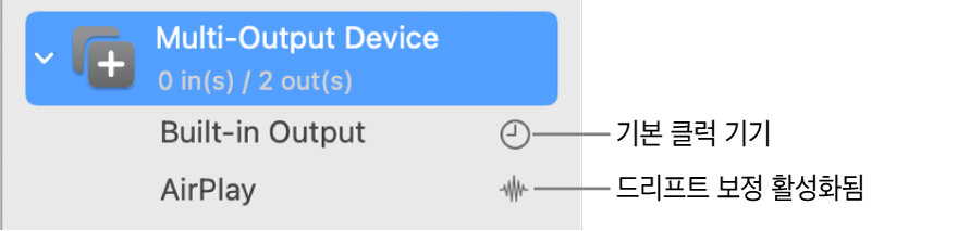 다중 출력 기기 생성에 사용된 통합된 출력 기기 두 대가 표시된 목록.