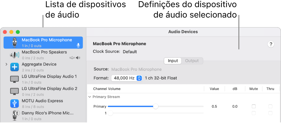 A janela “Dispositivos de áudio”