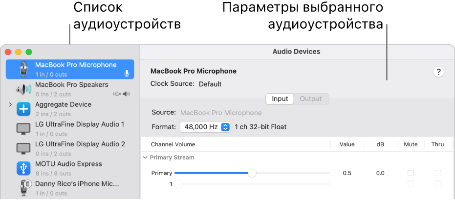 Окно аудиоустройств.