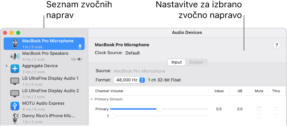 Okno Zvočne naprave.