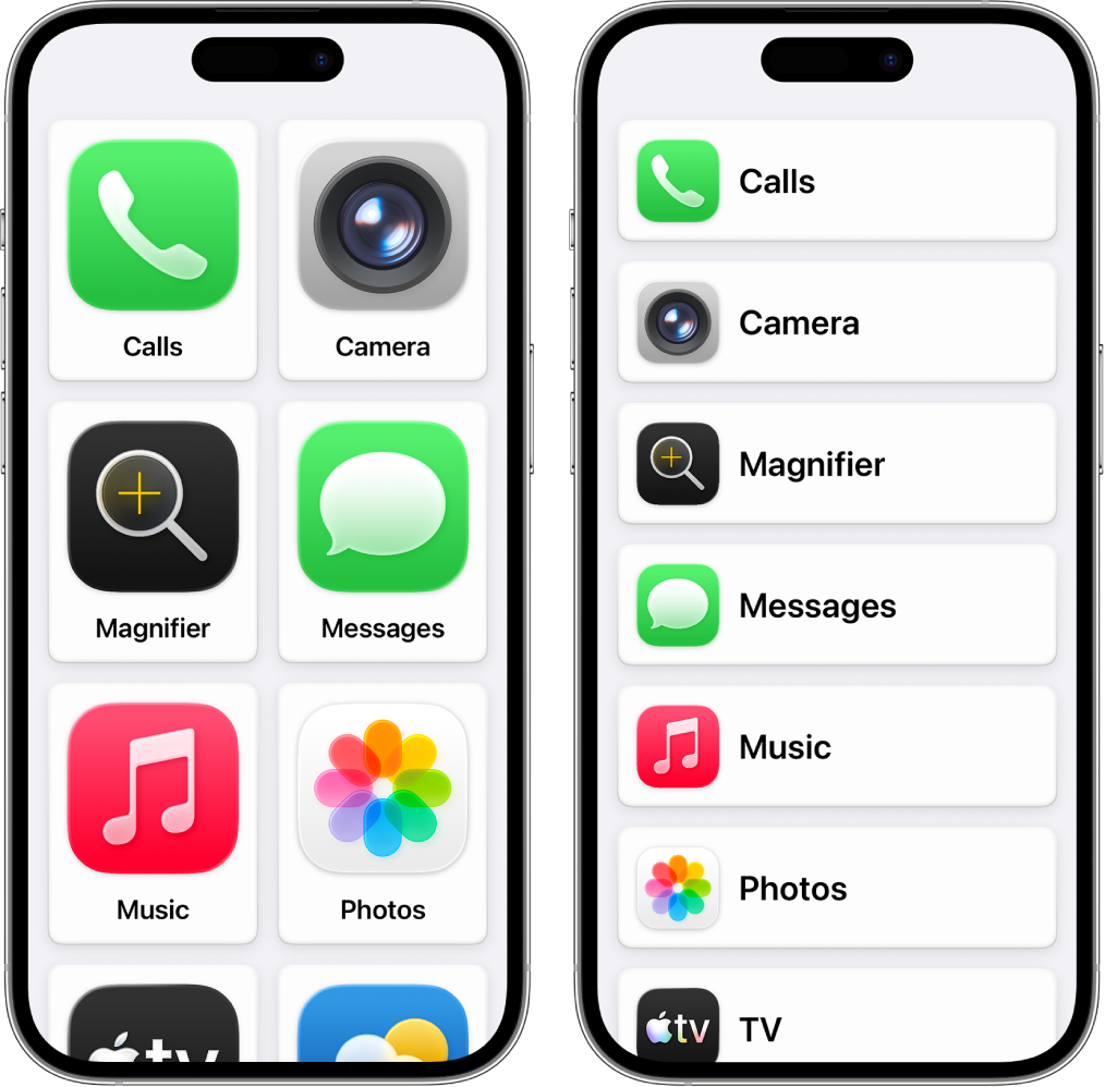 Dues pantalles d’iPhone amb la pantalla d’inici de l’ús assistit. En un iPhone s’hi veu una retícula gran amb unes quantes apps. A l’altre iPhone s’hi veuen moltes apps en una llista.