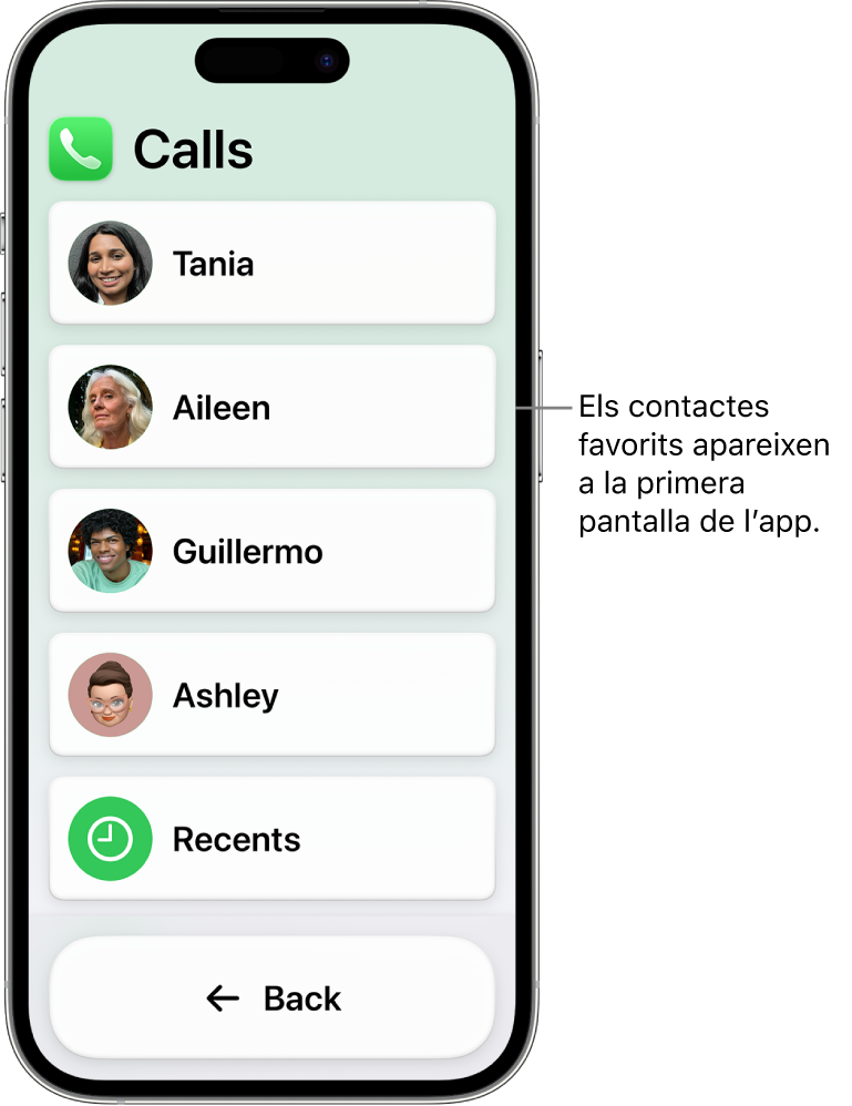 Un iPhone amb l’ús assistit activat i l’app Trucades oberta mostrant una llista de fotos i noms de contactes.