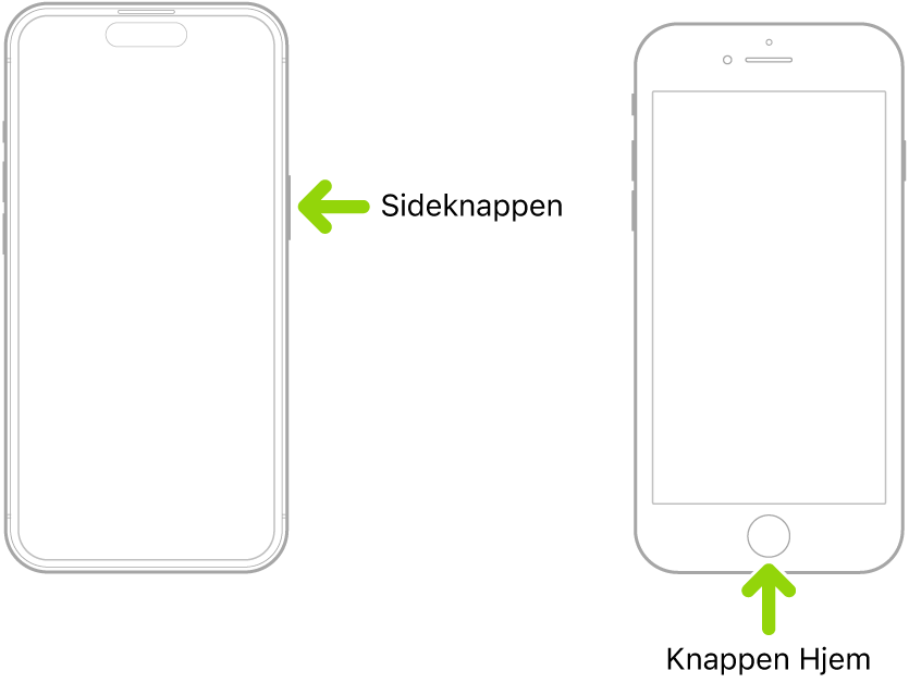 En iPhone med en sideknap og uden knappen Hjem og en iPhone med knappen Hjem. En pil peger på hver knaps placering.
