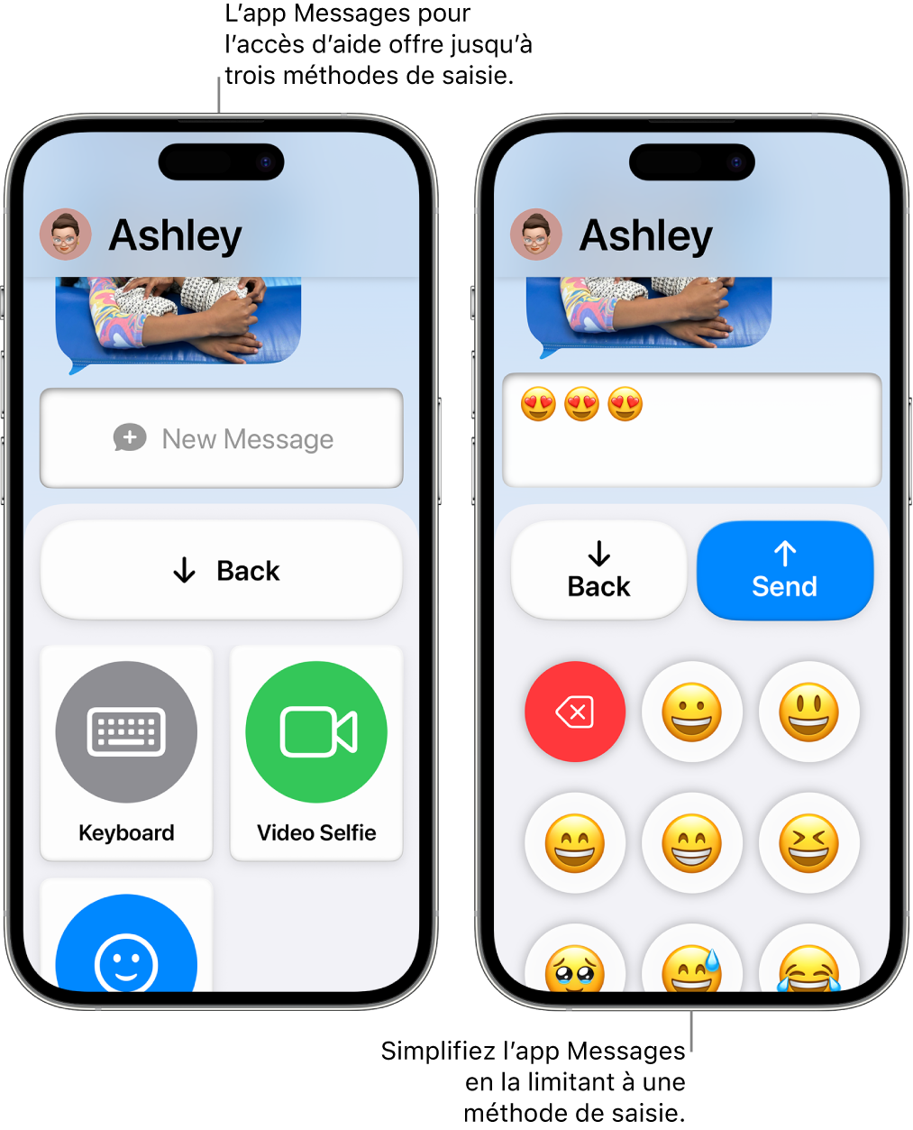 Deux écrans d’iPhone dans Accès d’aide. Un iPhone affiche l’app Messages avec des méthodes de saisie proposées à l’utilisateur, comme Clavier et « Selfie vidéo ». L’autre affiche un message en cours d’envoi à l’aide d’un clavier composé uniquement d’Emoji.